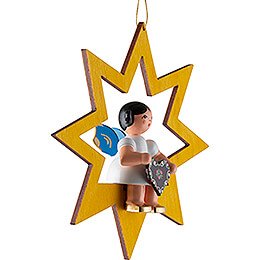 Angel with Gingerbread Heart - Blue Wings - Sitting in Yellow Star - 10,5 cm / 4.1 inch