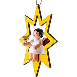 Angel with Bell - Red Wings - Sitting in Yellow Star - 10,5 cm / 4.1 inch