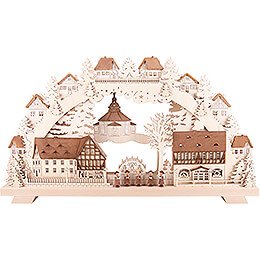 Schwibbogen Seiffener Dorf braun lasiert mit Kurrende - 70x38 cm