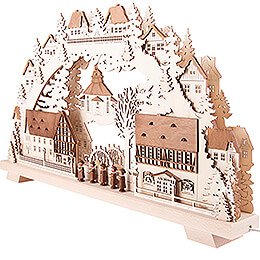 Schwibbogen Seiffener Dorf braun lasiert mit Kurrende - 70x38 cm
