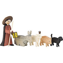 Shepherd with Animals, Set of Five, Stained - 7 cm / 2.8 inch