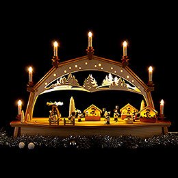 Schwibbogen Weihnachtsmarkt mit drehender Pyramide und beweglichen Figuren - 76x52 cm