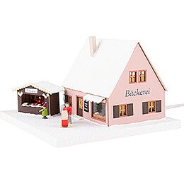 Lighted House Bakery with market stall, small - 18,5 cm / 7.3 inch