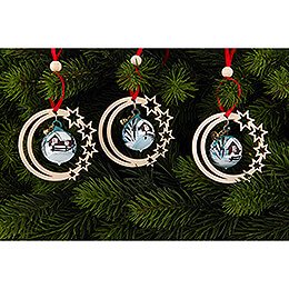 Tree Ornament - Glass Bauble in Starry Moon - Snowy Cottage - 3 pcs. - 7 cm / 2.8 inch