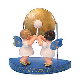 2 Angels with Big Gong Fitting Simple Clouds - Blue Wings - Standing - 6 cm / 2,3 inch