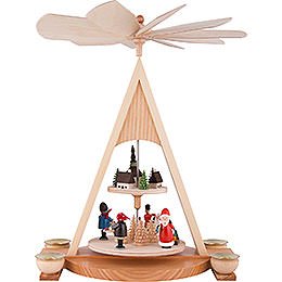 2-Tier Pyramid with Santa Claus and Seiffener Village Painted - 35 cm / 13.8 inch
