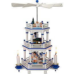 3-Tier Pyramid - White-Blue - Present Angels with Blue Wings  - 35 cm / 13.8 inch