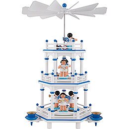 3-stöckige Pyramide weiß-blau Instrumenten-Engel mit blauen Flügeln  - 35 cm