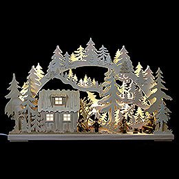 3D-Schwibbogen Blockhütte mit Waldarbeitern - 62x38x8 cm