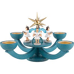 Adventsleuchter blau, mit Teelichthalter und 4 stehenden Engeln - 31x31 cm