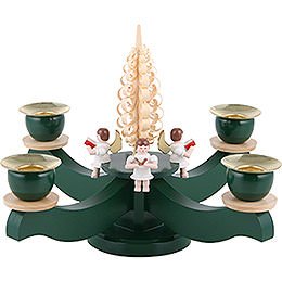 Adventsleuchter grün vier sitzende Engel mit Spanbaum - 22x19 cm