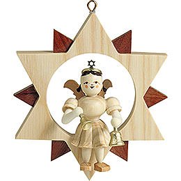 Angel Sitting in a Star with Bells, Natural  -  9cm / 3.5 inch