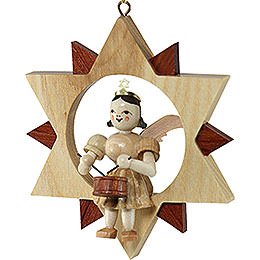 Angel Sitting in a Star with Drum, Natural  -  9cm / 3.5 inch