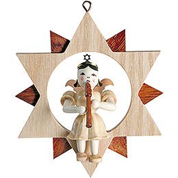 Angel Sitting in a Star with Flute, Natural - 9 cm / 3.5 inch