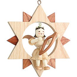 Angel Sitting in a Star with Lyre, Natural - 9 cm / 3.5 inch