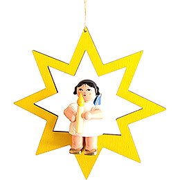 Angel with Candle - Blue Wings - Sitting in Yellow Star - 10,5 cm / 4.1 inch