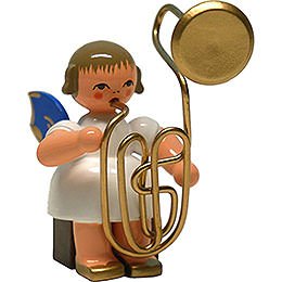 Angel with Contrabass Trombone - Blue Wings - Sitting - 8 cm / 3.1 inch