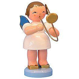 Angel with French Horn - Blue Wings - Standing - 9,5 cm / 3,7 inch