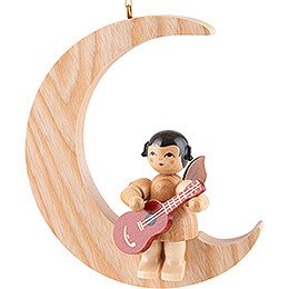 Angel with Guitar - Natural Colors - Sitting in Natural-Colored Moon - 16,5 cm / 6.5 inch
