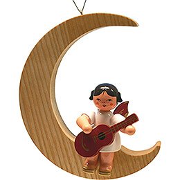 Angel with Guitar - Red Wings - Sitting in Natural-Colored Moon - 16,5 cm / 6.5 inch