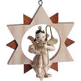 Angel with Slide Trombone in Star, Natural - 9 cm / 3.5 inch