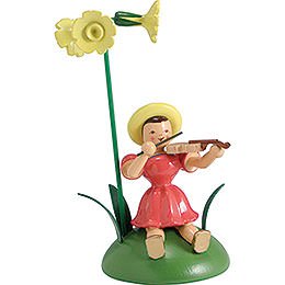 Blumenkind mit Primel und Violine sitzend - 12 cm