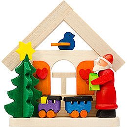 Christbaumschmuck Haus Weihnachtsmann mit Eisenbahn - 7,5 cm