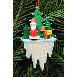 Christbaumschmuck Weihnachtsmann mit Bambi auf Eiszapfen  -  5,5x8,8cm