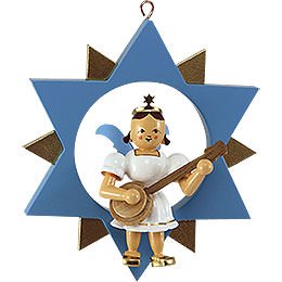 Engel mit Banjo im Stern, farbig - 9 cm