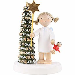Flax Haired Angel at the Christmas Tree with Star and Doll  -  5cm / 2 inch