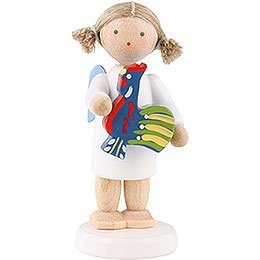 Flax Haired Angel with Polish Toy Rooster  -  5cm / 2 inch