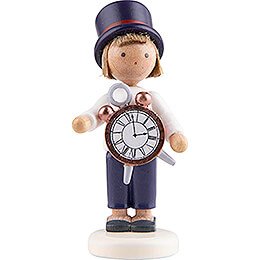 Flax Haired Children Boy with Alarm Clock - 5 cm / 2 inch