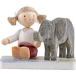 Flax Haired Children Girl with Baby Elephant  -  3,5cm / 1.4 inch