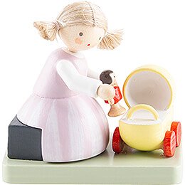 Flax Haired Children Girl with Doll and Doll Carriage  -  4,1cm / 1.6 inch