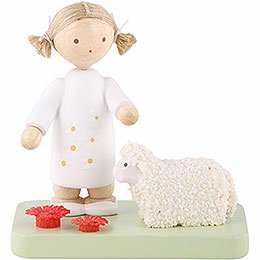 Flax Haired Children Girl with Little Lamb - 5 cm / 2 inch