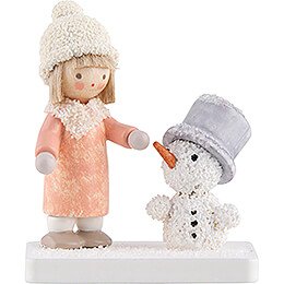 Flax Haired Children Girl with Snowman - 5,1 cm / 2 inch
