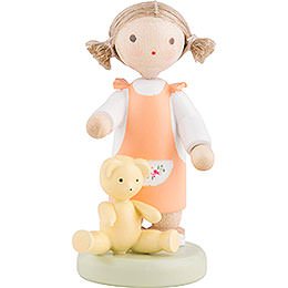 Flax Haired Children Girl with Teddy Bear - 5 cm / 2 inch