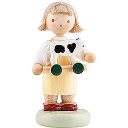 Flax Haired Children Girl with Toy Calf  -  5cm / 2 inch