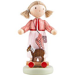 Flax Haired Children Girl with Toy Horse  -  5cm / 2 inch