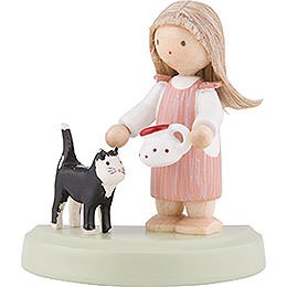 Flax Haired Children Little Girl with Black Cat  -  5cm / 2 inch