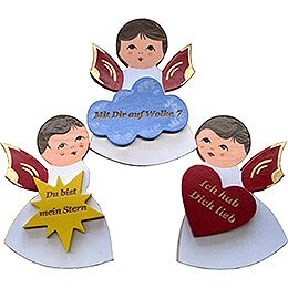 Fridge Magnets - 3 pcs. - Angels with Heart, Star, Cloud - Red Wings - with Messages - 7,5 cm / 3 inch