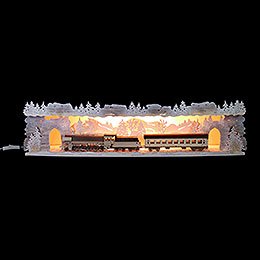 Illuminated Stand 'Train Ride Through the Ore Mountains' with Snow - 75x20x15 cm / 29.5x7.9x5.9 inch