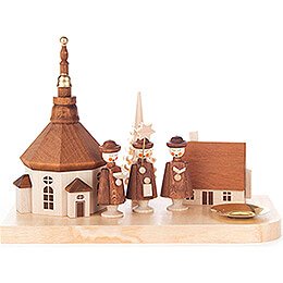Kerzenhalter mit Seiffener Kirche, Haus und Kurrende - 12 cm