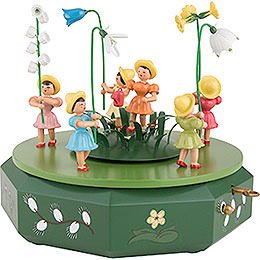 Music Box with Five Flower Children and Flower Meadow  -  21x18cm / 7.1 inch