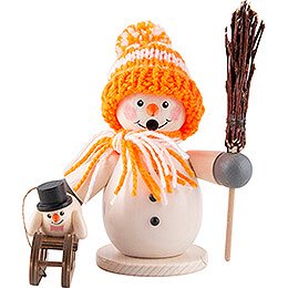 Ruchermnnchen Schneemann mit Schlitten und Kind orange  -  15cm
