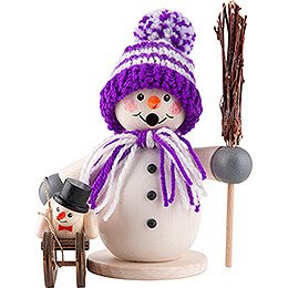 Räuchermännchen Schneemann mit Schlitten und Kind lila  -  15cm