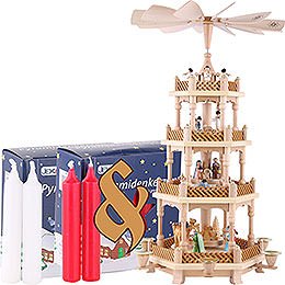 Set 4-stckige Pyramide Christi Geburt bunt und zwei Packungen Kerzen rot/wei