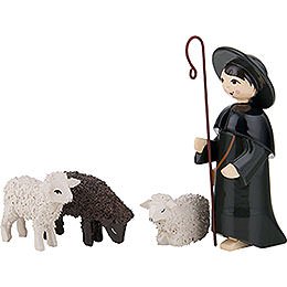 Shepherd with 3 Sheep, Colored - 7 cm / 2.8 inch