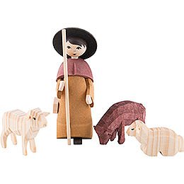 Shepherd with Three Sheep, Stained - 7 cm / 2.8 inch