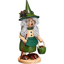 Smoker  -  Lady Gnome with Mushroom Bucket, Green  -  25cm / 10 inch